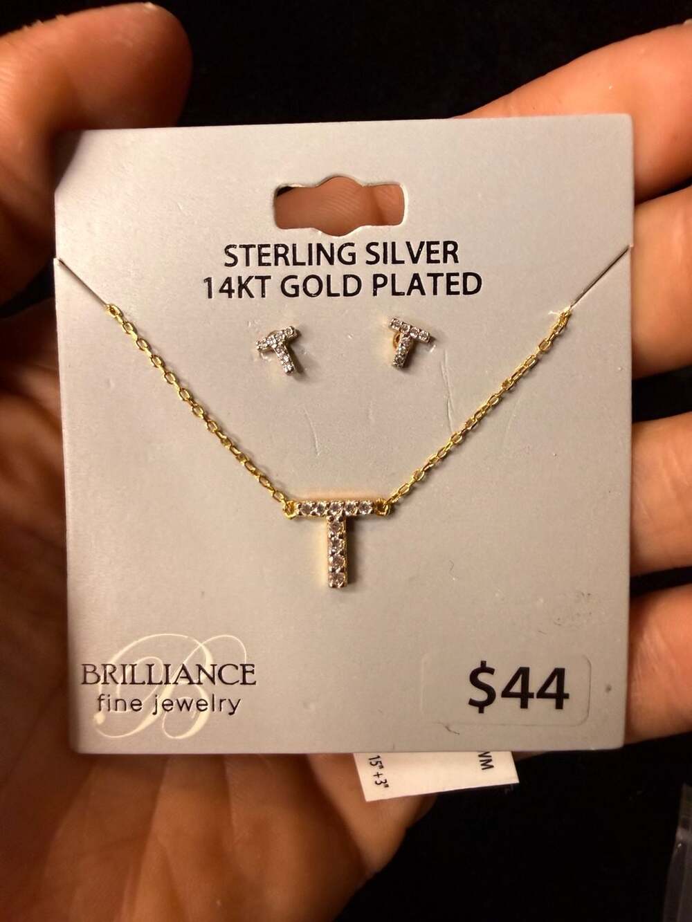 Brilliance Fine Jewelry Sterling Silver 14kt Gold Plated CZ Initial T Set